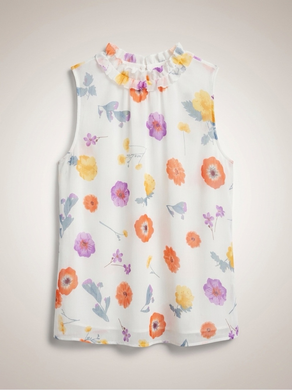 Ann Taylor White Floral Ruffle Mock-Neck Shell
